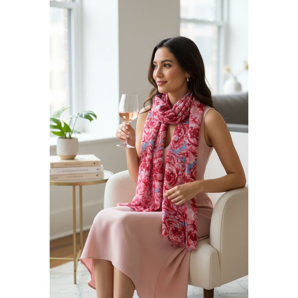 Floral Pattern Pink & Blue Lightweight Scarf Wrap For Women 72" Long x 26" Wide - Picture 8 of 16
